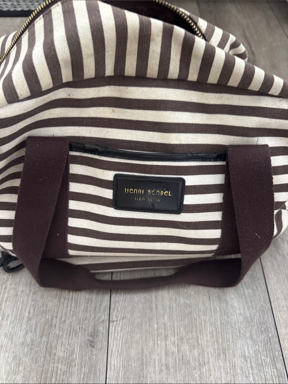 henri bendel Brown & Cream Striped Canvas Tote with Dark Brown Handles
